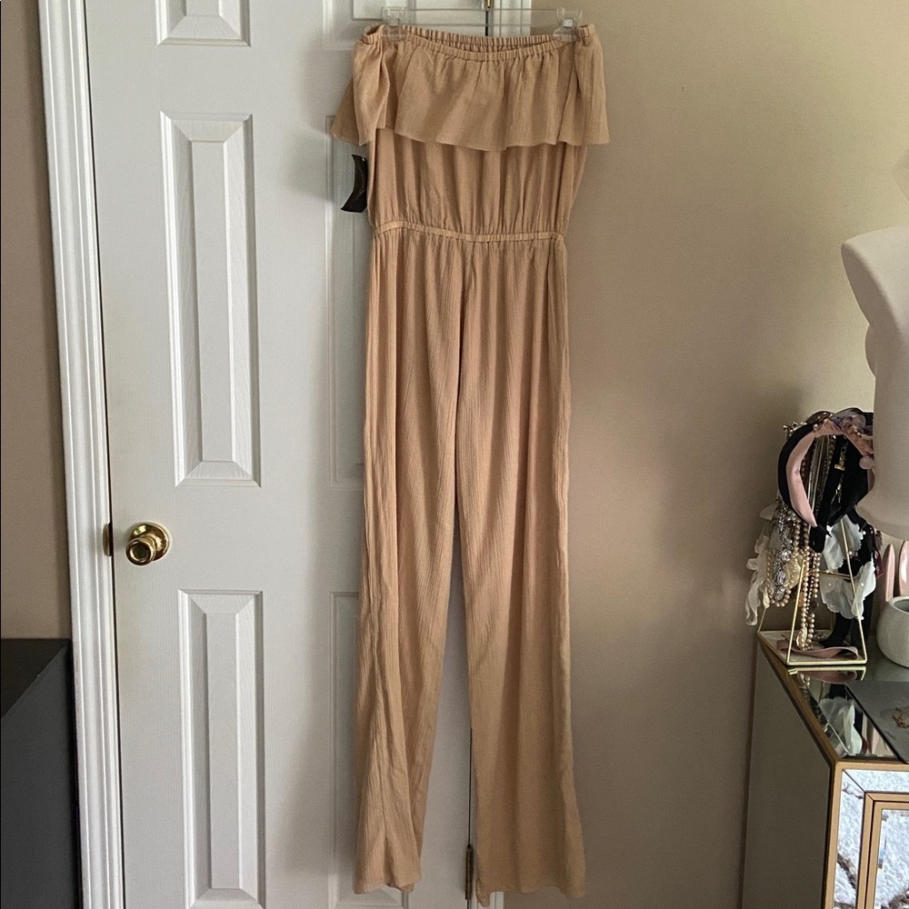 Arden B Beige Crepe Tube Sleeveless 100% Cotton Wide Leg Jumpsuit Size Medium - Picture 2 of 5